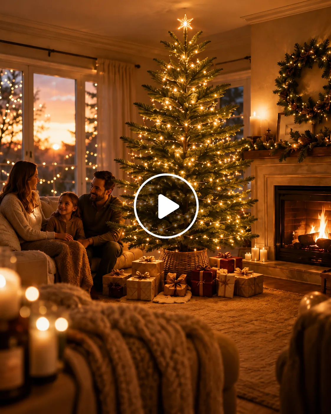 A lit Norfolk Pine Christmas Tree glowing in a family living room at dusk